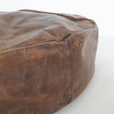 Large vintage round leather ottoman, The Netherlands