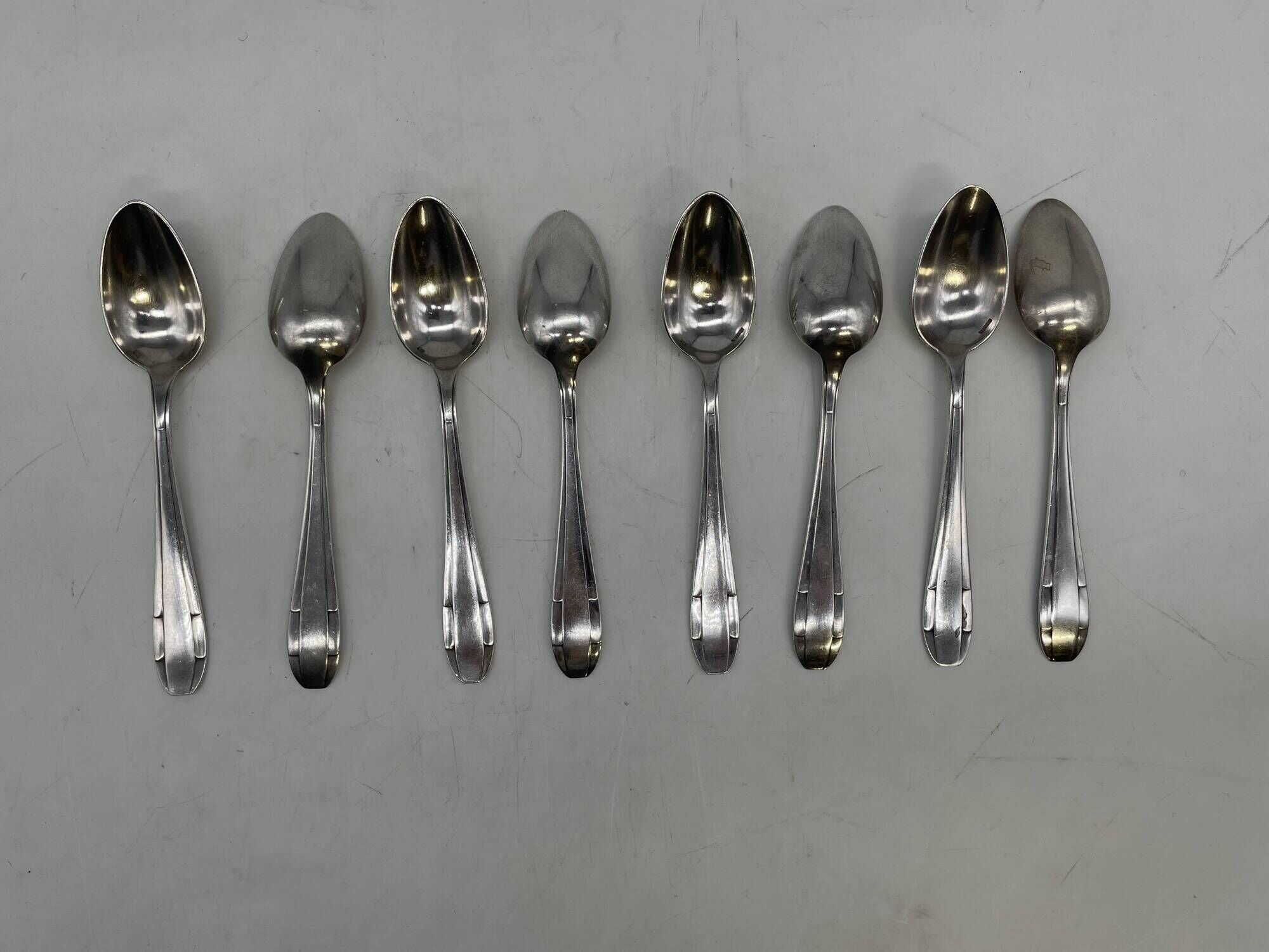 Set of 8 silver-plated metal teaspoons in Potfer Art Deco style.