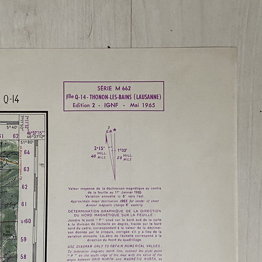 Map Thonon les bains - Lausanne - Montreux - Lac Leman - 1965