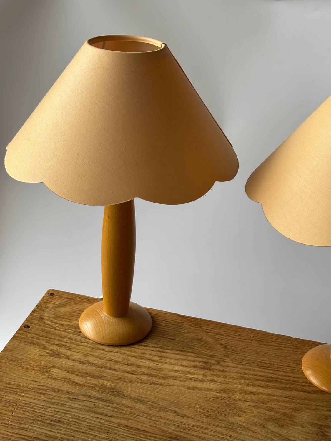 2 vintage wooden and fabric bedside lamps