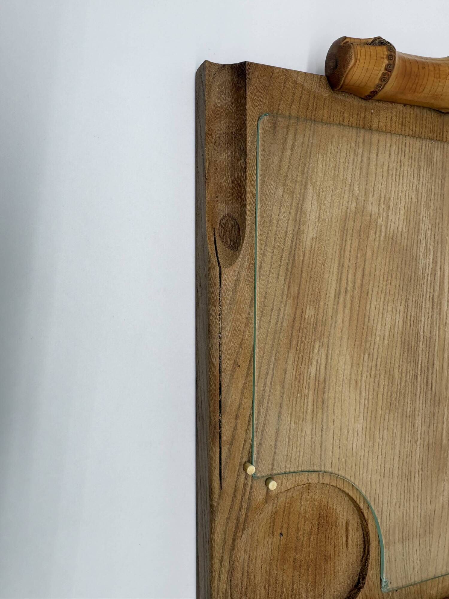 Wood and bamboo vintage plateau, glass, 1960
