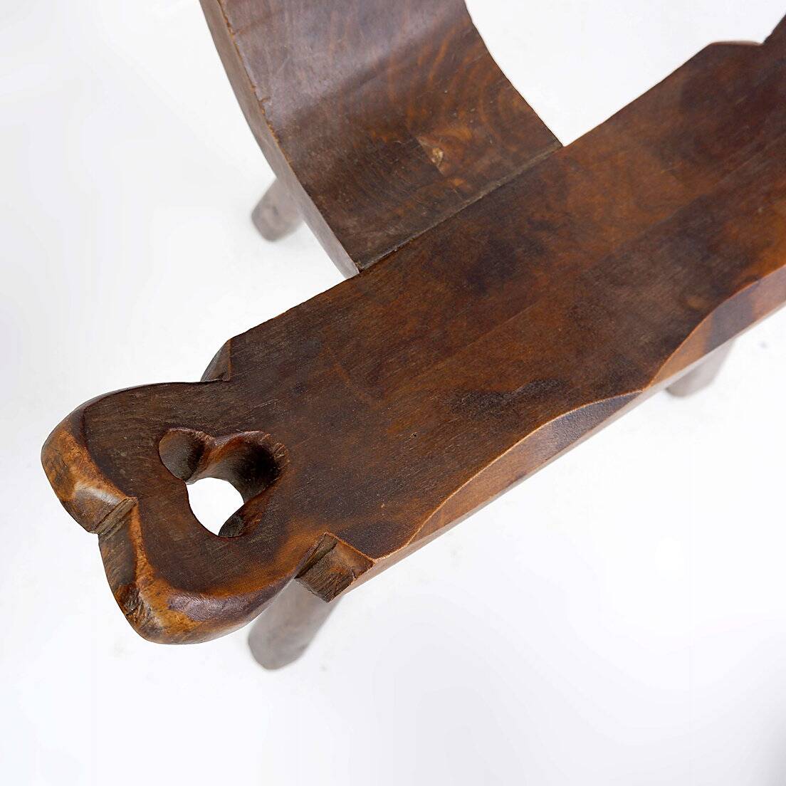 Primitive French Wooden Carved Tripod Chair, Wabi Sabi Style, Early 20th Century