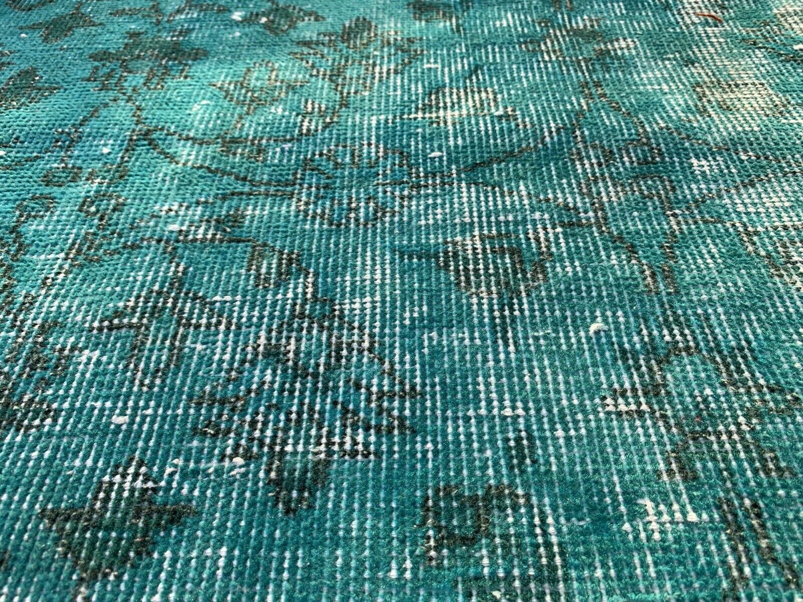 Distressed Turkish Narrow Runner 304 x 76 cm Wool Vintage rug, Overdyed Turquoise