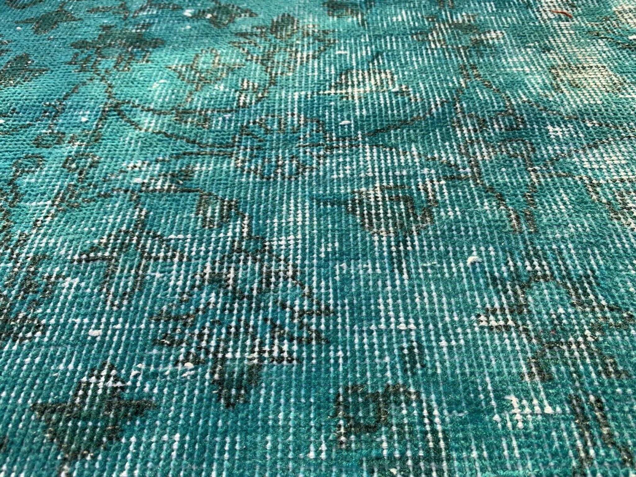 Distressed Turkish Narrow Runner 304 x 76 cm Wool Vintage rug, Overdyed Turquoise