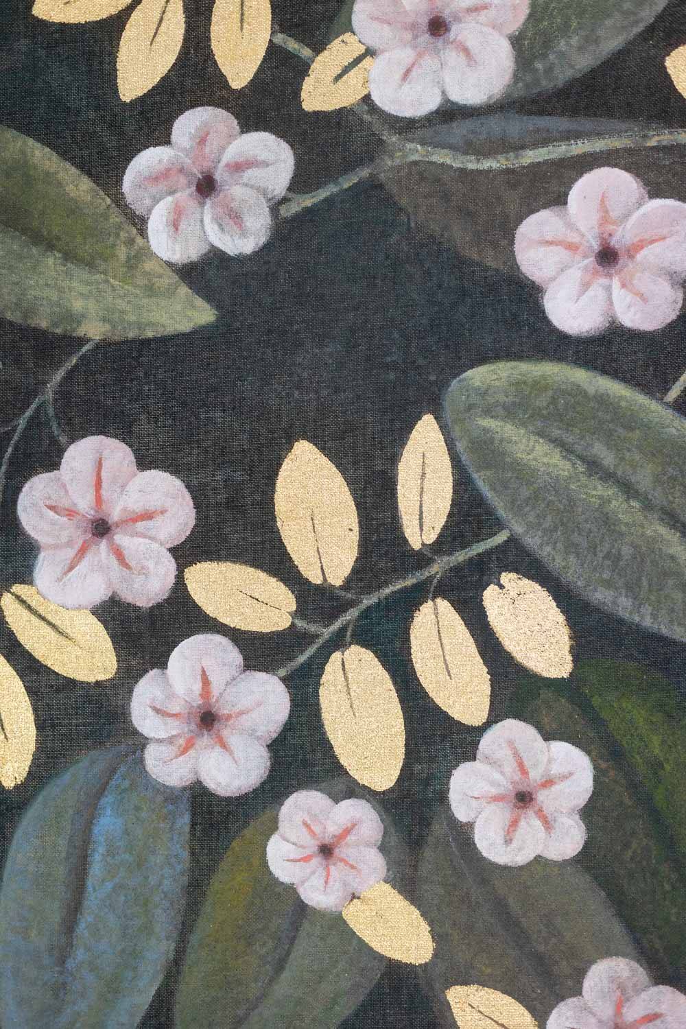 Painted canvas depicting a bird in a floral setting. Contemporary.