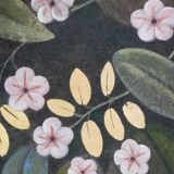 Painted canvas depicting a bird in a floral setting. Contemporary.