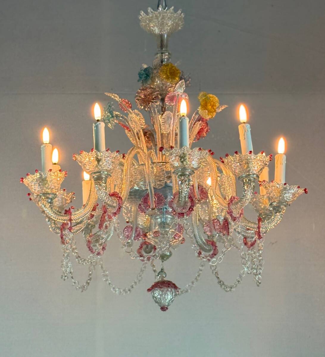 Venetian chandelier in multi-colored Murano glass, 10 light arms, circa 18