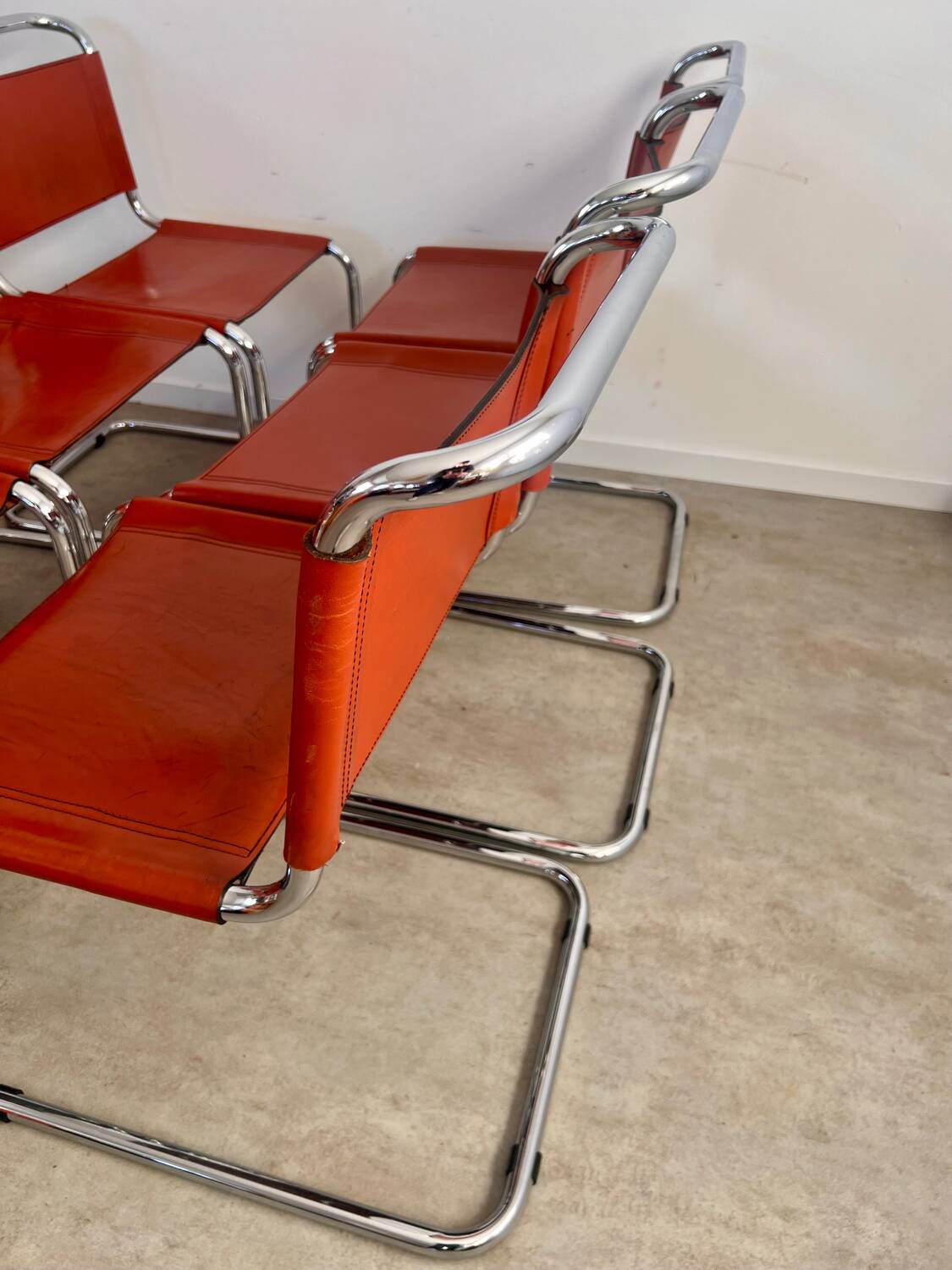 Lot 6 tubular chairs S33 design Mart Stam vintage cognac leather from the 70s