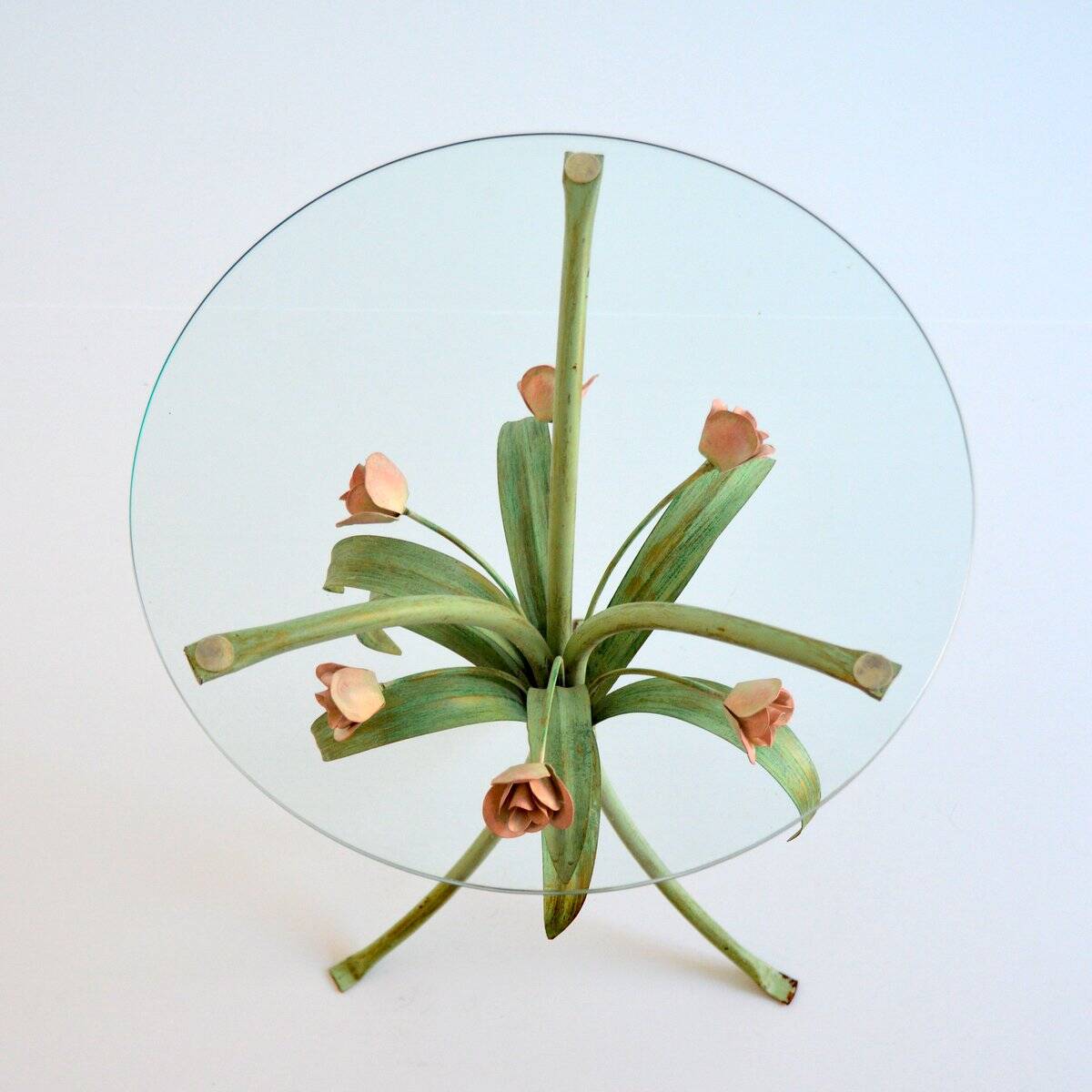 Pedestal table / Bouquet of flowers side table / Wrought iron roses 1960 vintage