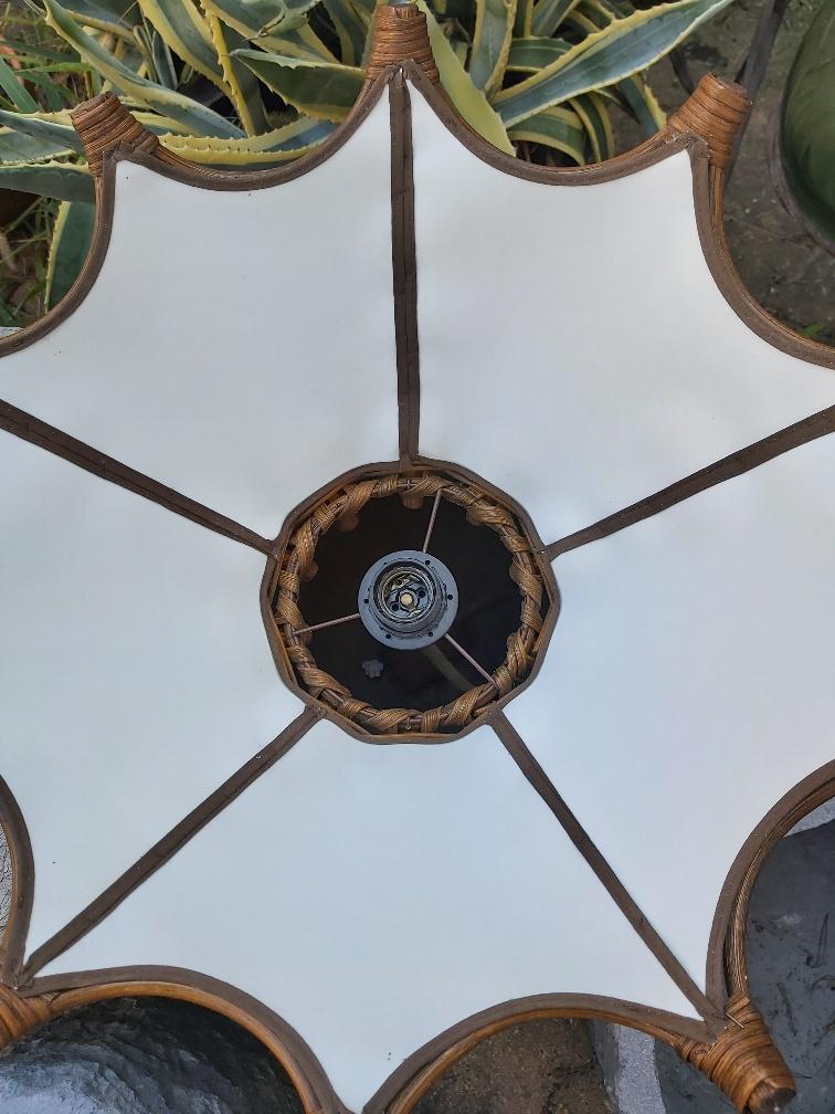 Scandinavian rattan hanging lamp, wood and vintage fabric