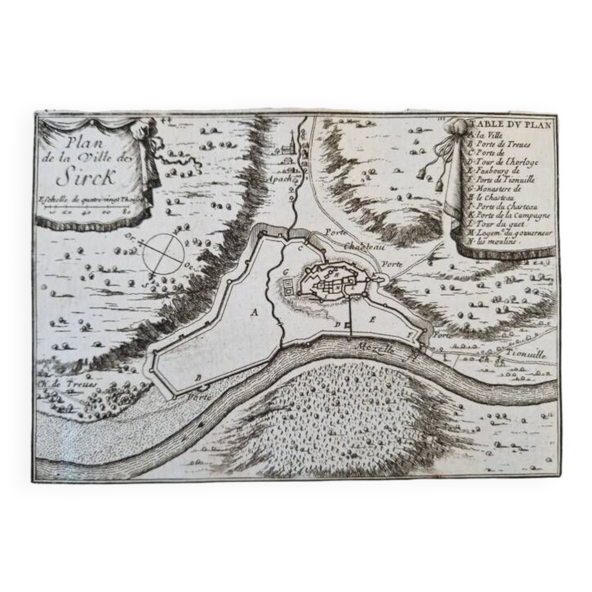 Gravure sur cuivre XVIIème siècle "Carte du gouvernement de Sirck" (Sierck les Bains)