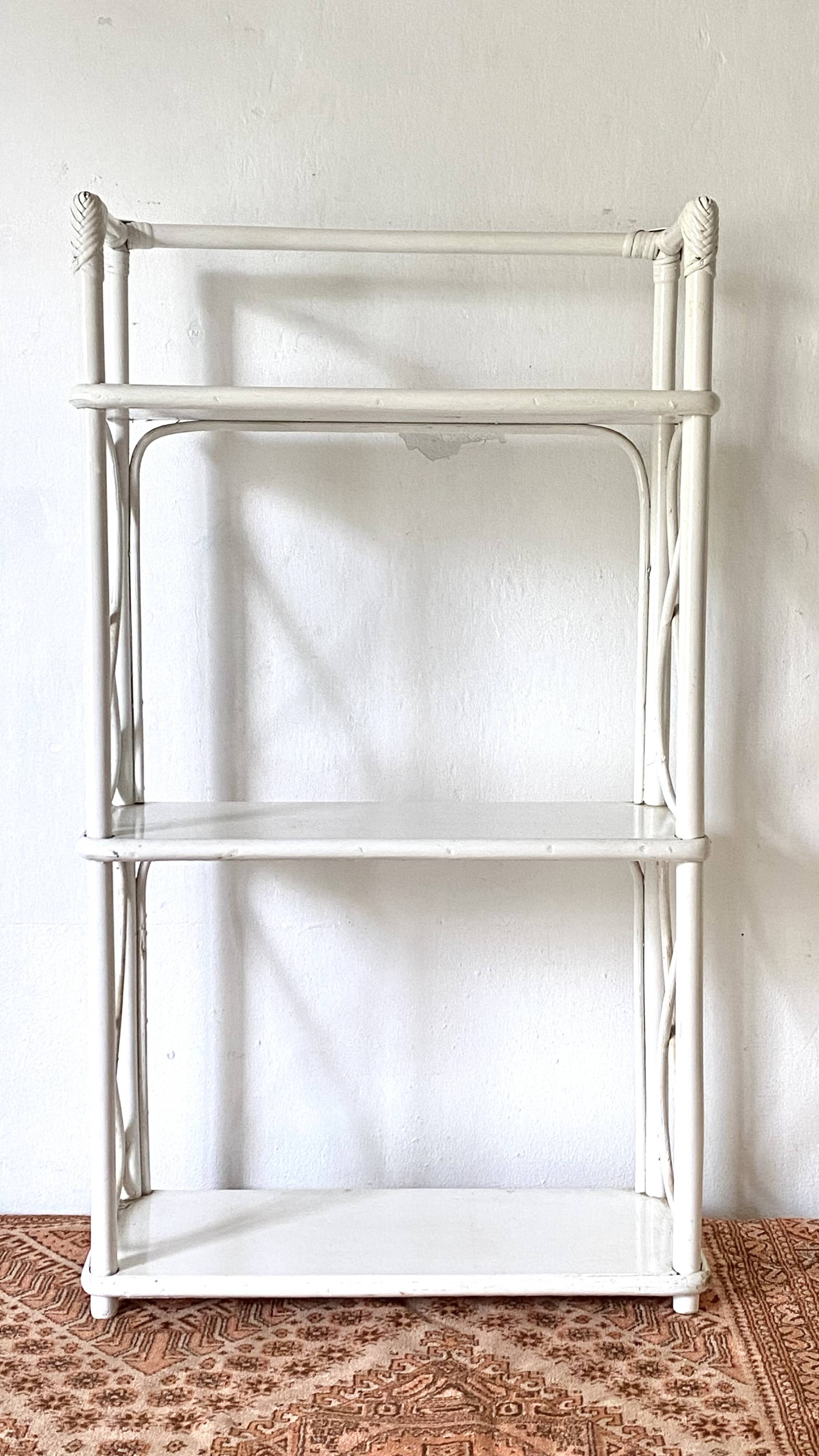 Vintage white lacquered rattan shelf