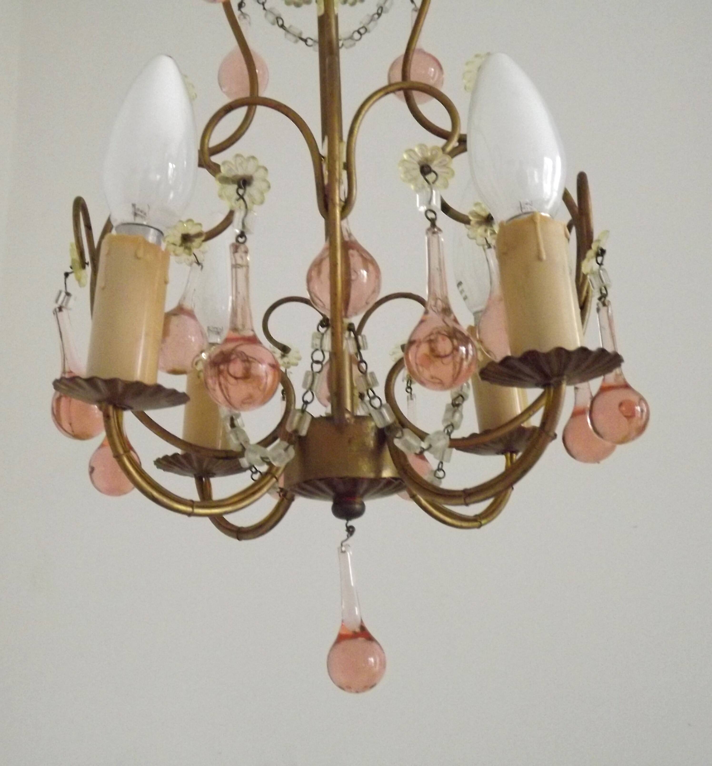 French Vintage 4 Light Metal Cage Chandelier with Bead Swag and Pink Murano Drops