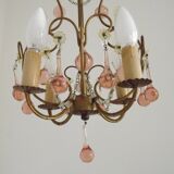 French Vintage 4 Light Metal Cage Chandelier with Bead Swag and Pink Murano Drops
