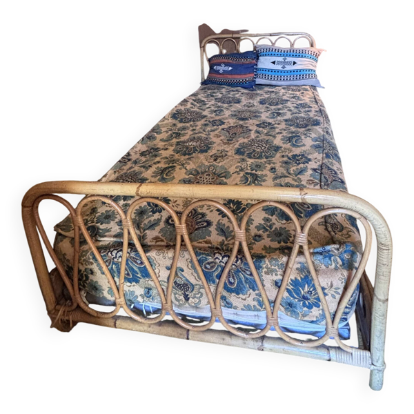 Lit une place vintage en rotin naturel – 90 × 190 cm – Années 70