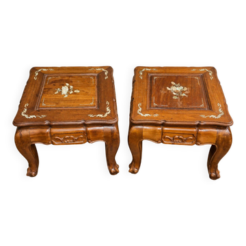 Pair of Chinese side tables in carved wood with mother-of-pearl inlays.