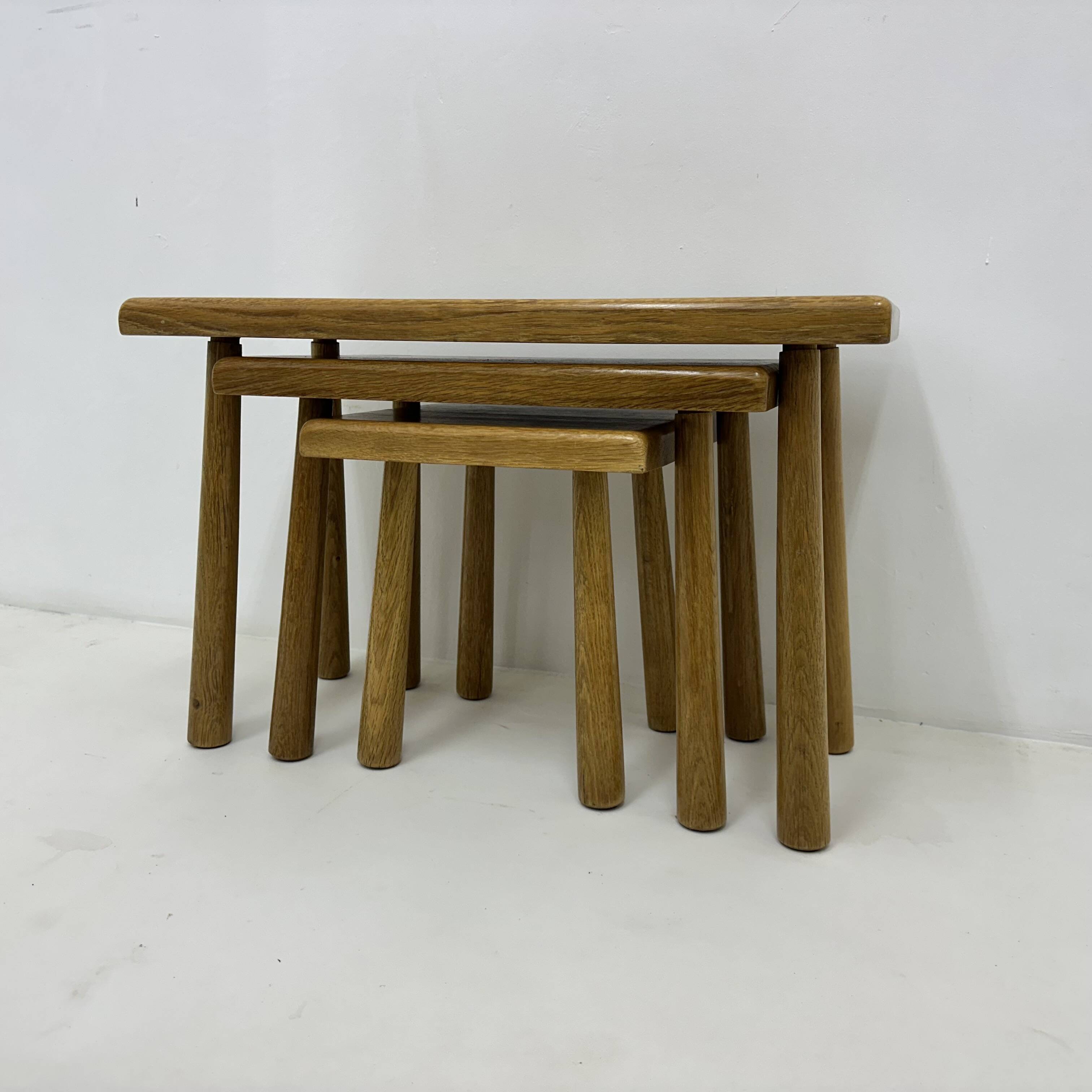 Set of nesting tables solid oak wood brutalist , 1970s