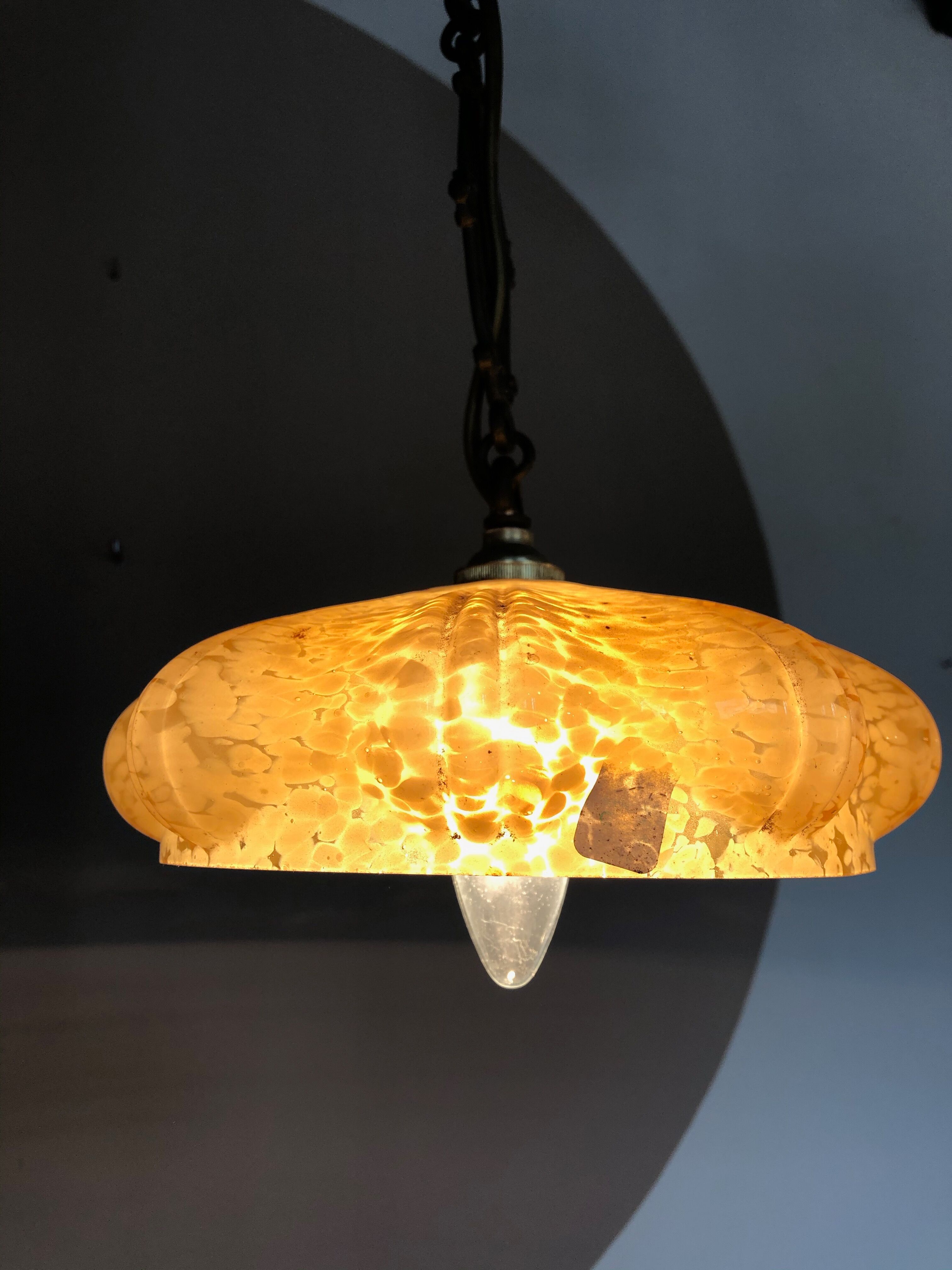 Orange ochre coloured antique glass hanging lamp
