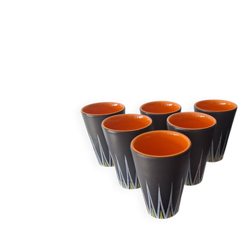 Six Orange and Black Ceramic Vases Vallauris André Baud
