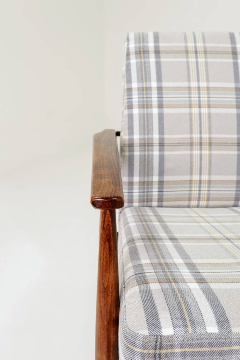 Vintage armchair and footstool in beige blue tartan, modern design