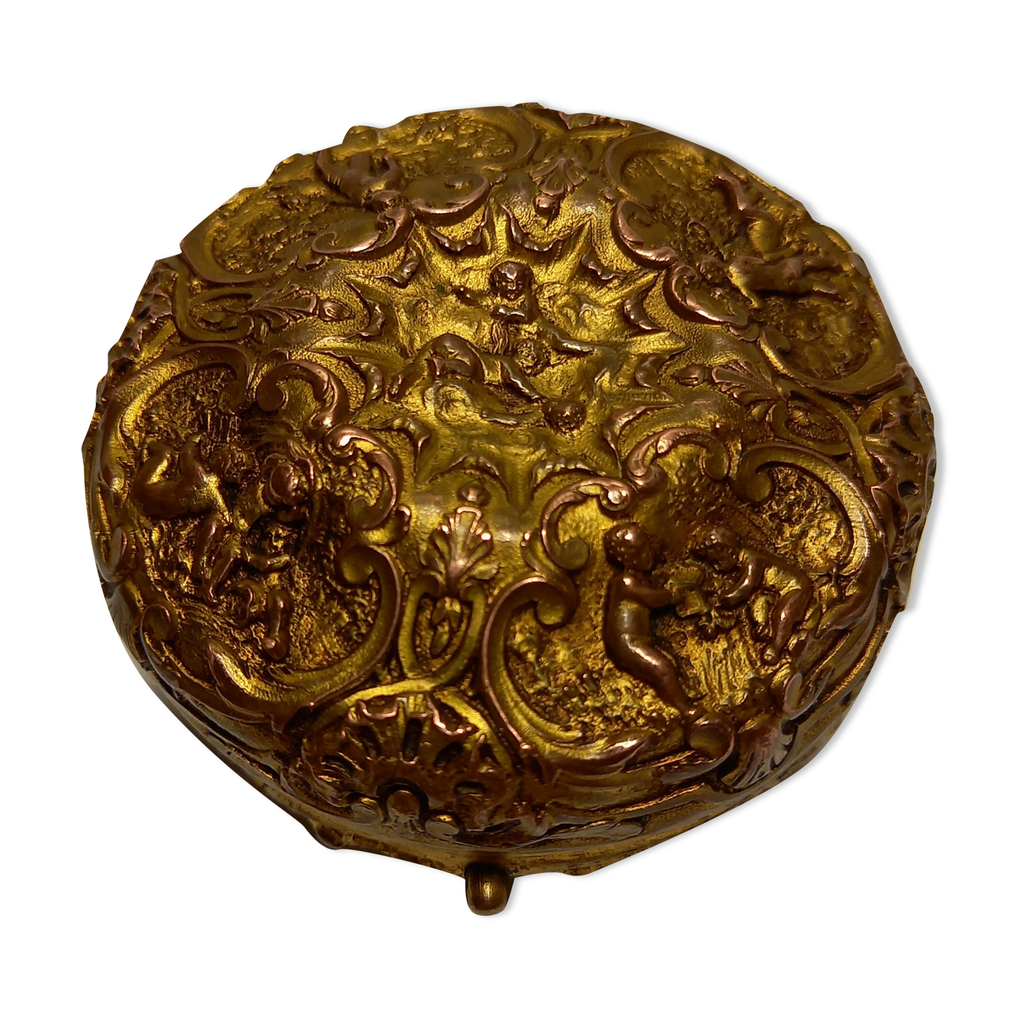 Old brass and copper powder magazine decorated with cherubs