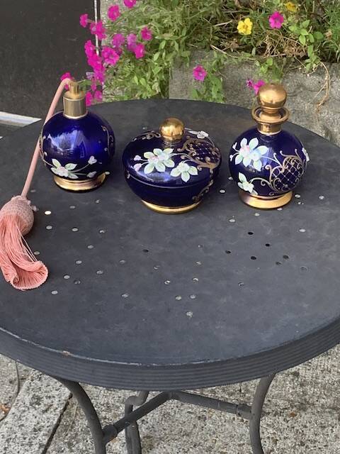 Perfume bottles, in hand-painted blue Bohemian crystal, antique.