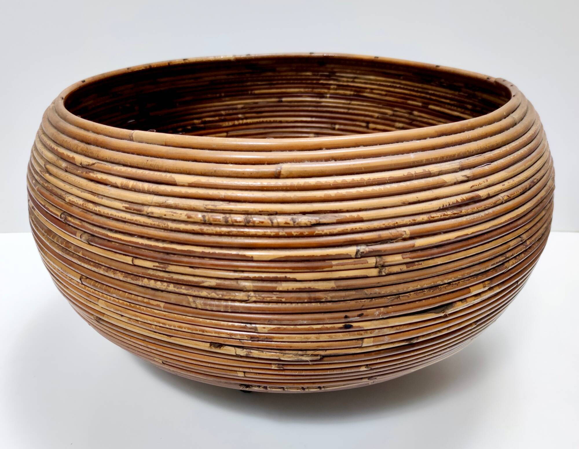 Postmodern Round Wicker and Beech Cachepot / Magazine Rack with Casters, Italy