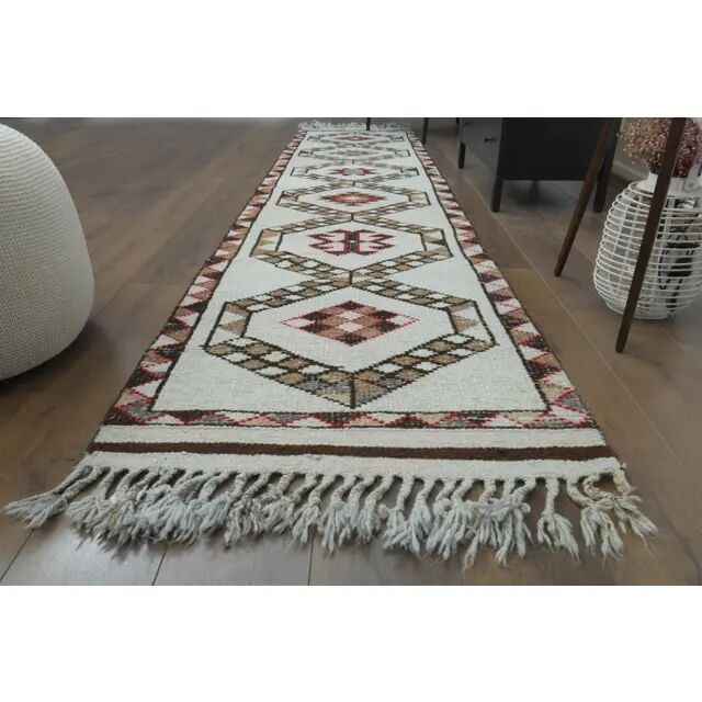 1970s Vintage Turkish Hand-Knotted Wool Cotton Beige Runner Rug 86x375