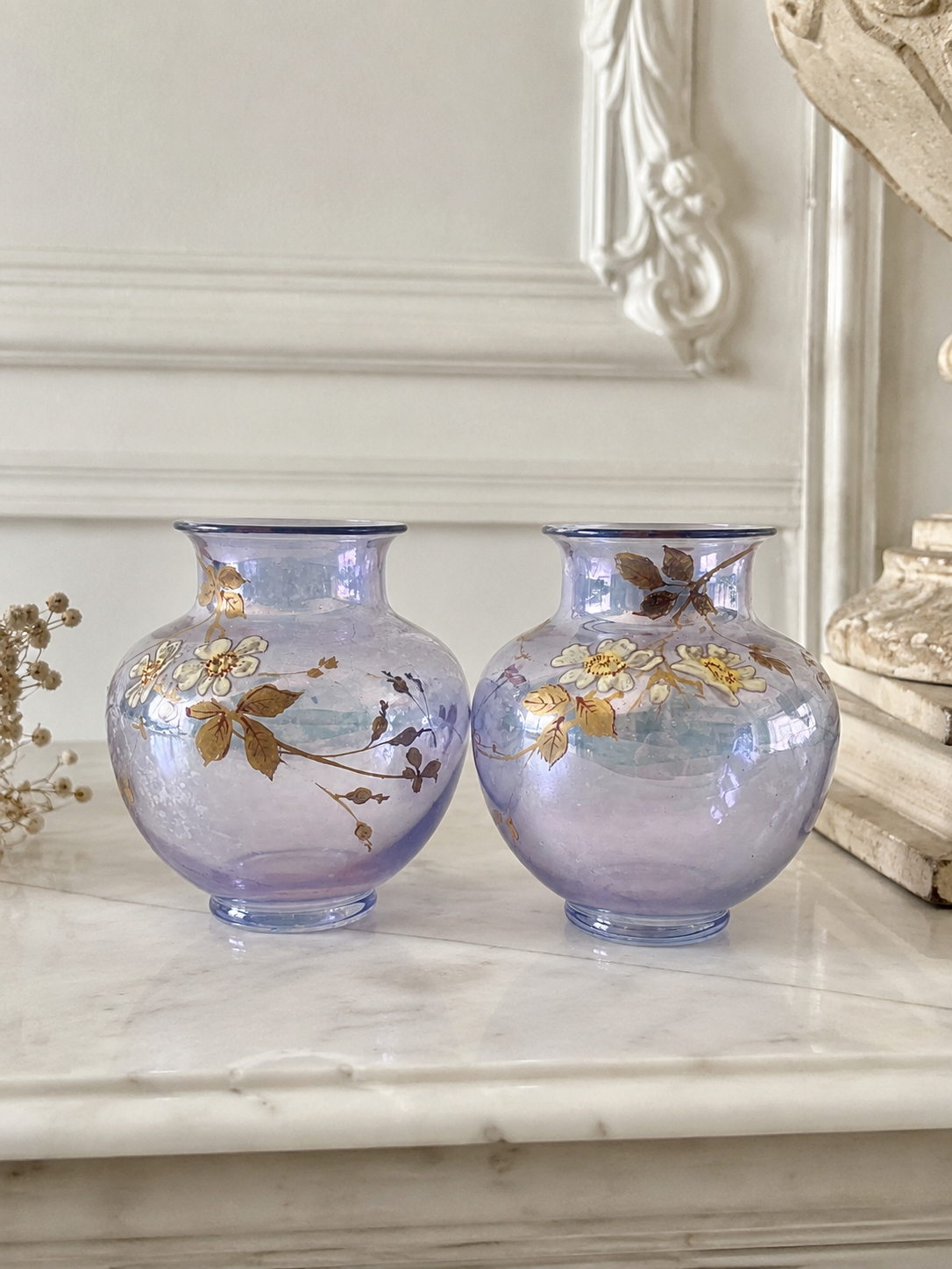 Paire de petits vases art nouveau decor floral émaillé