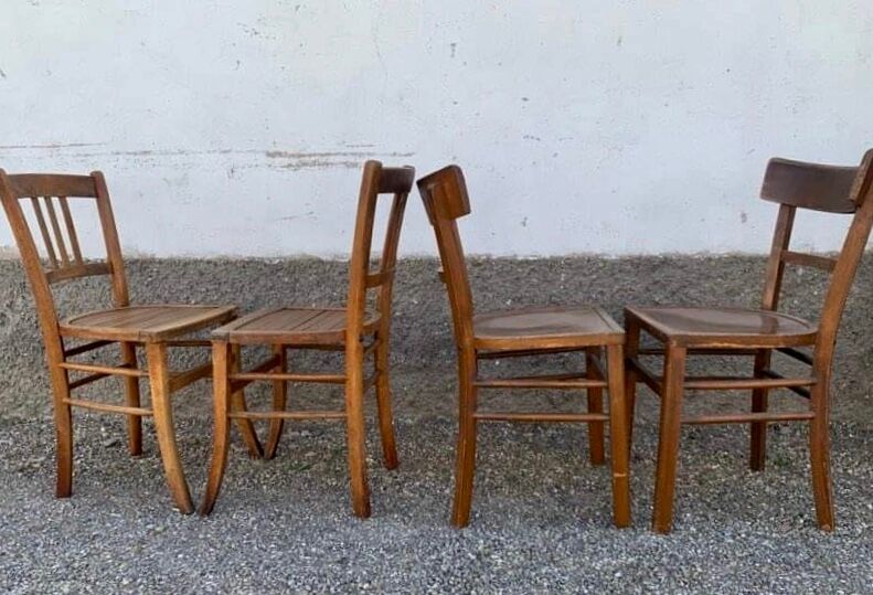 Set of 13 old art deco bistro chairs from the 1930s in light wood