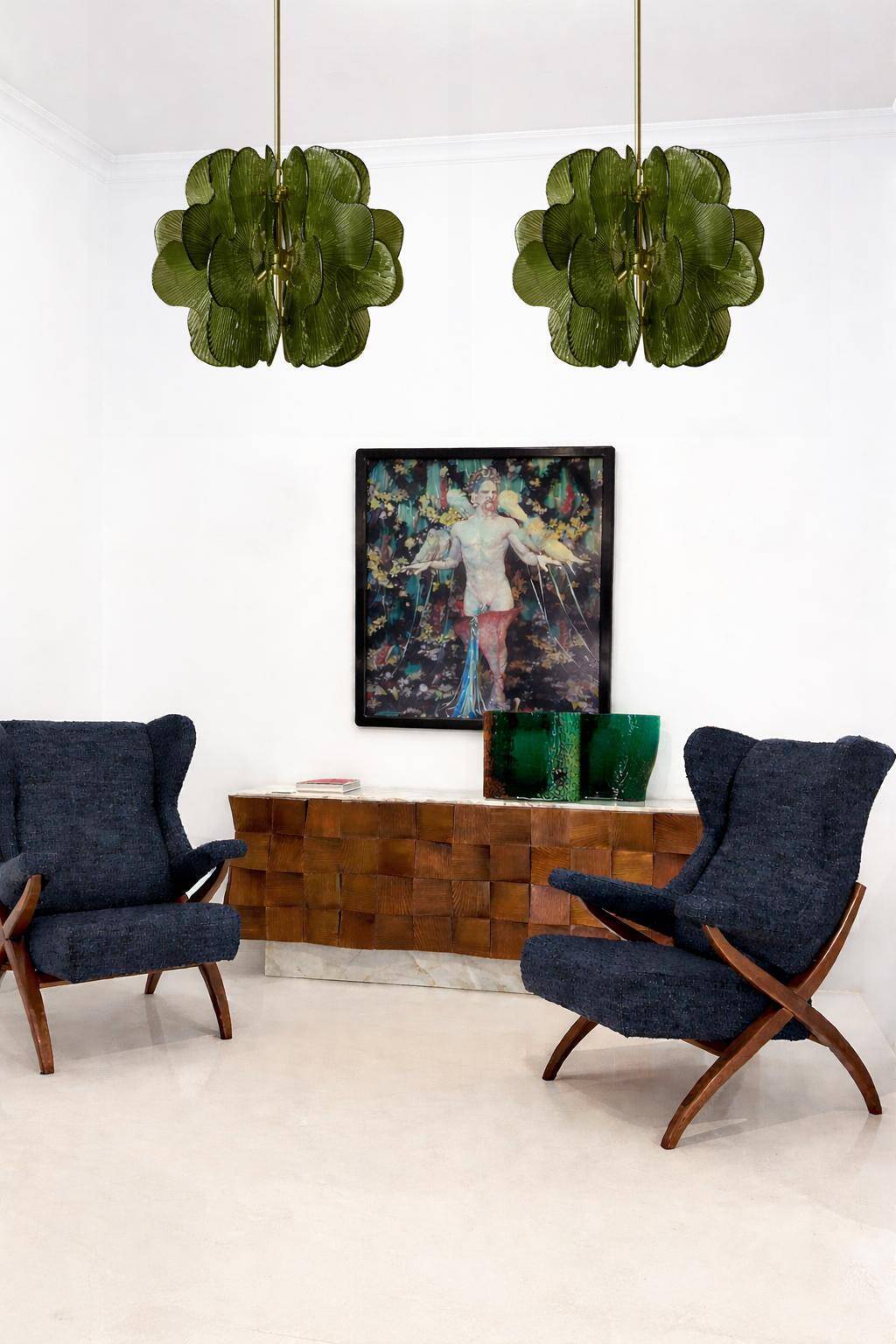 Midmodern Style Italian Brass Pendant Lamp with Bright Green Murano Glass Slabs