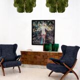 Midmodern Style Italian Brass Pendant Lamp with Bright Green Murano Glass Slabs