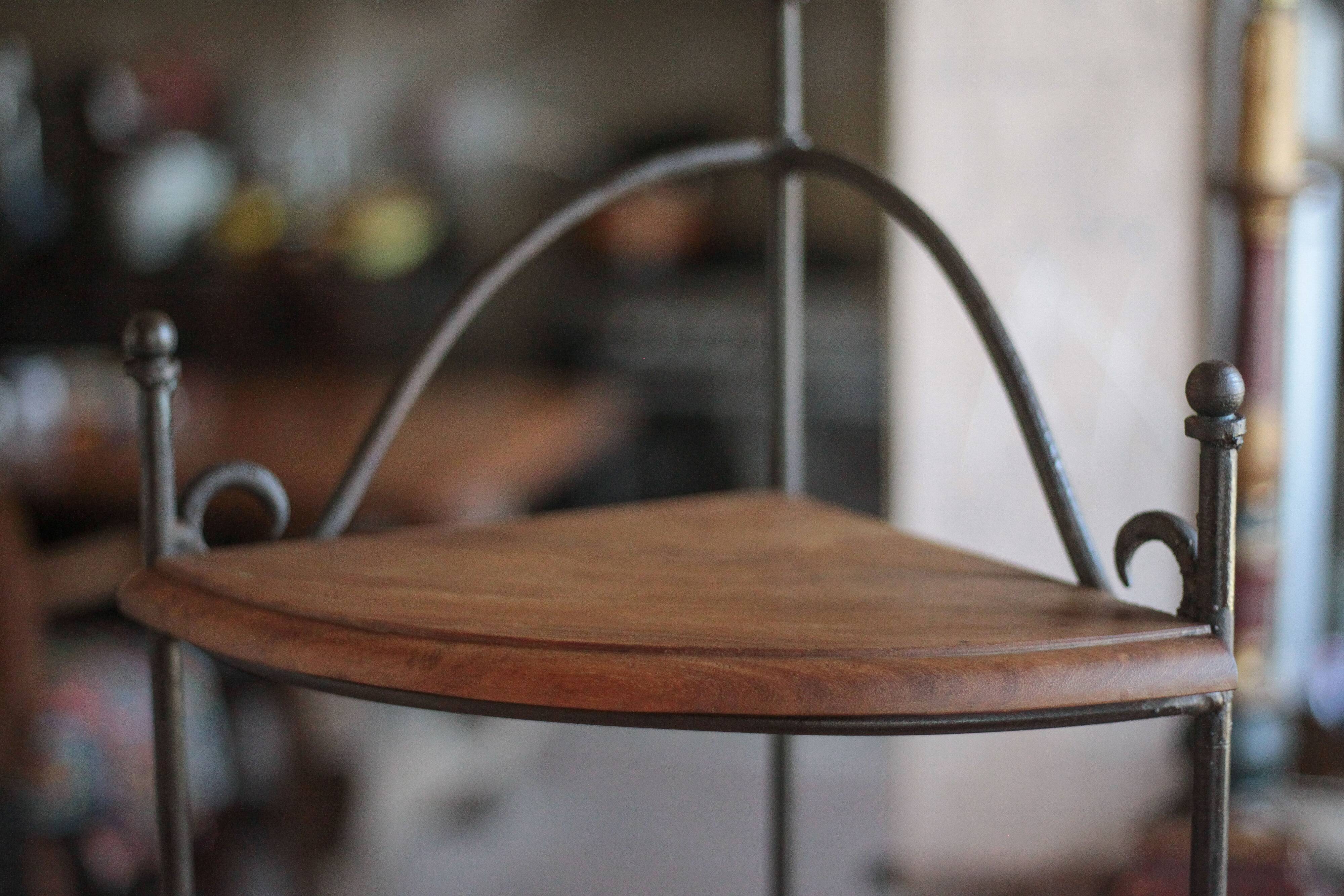 Wrought iron and wood corner unit, vintage corner furniture, corner shelf.