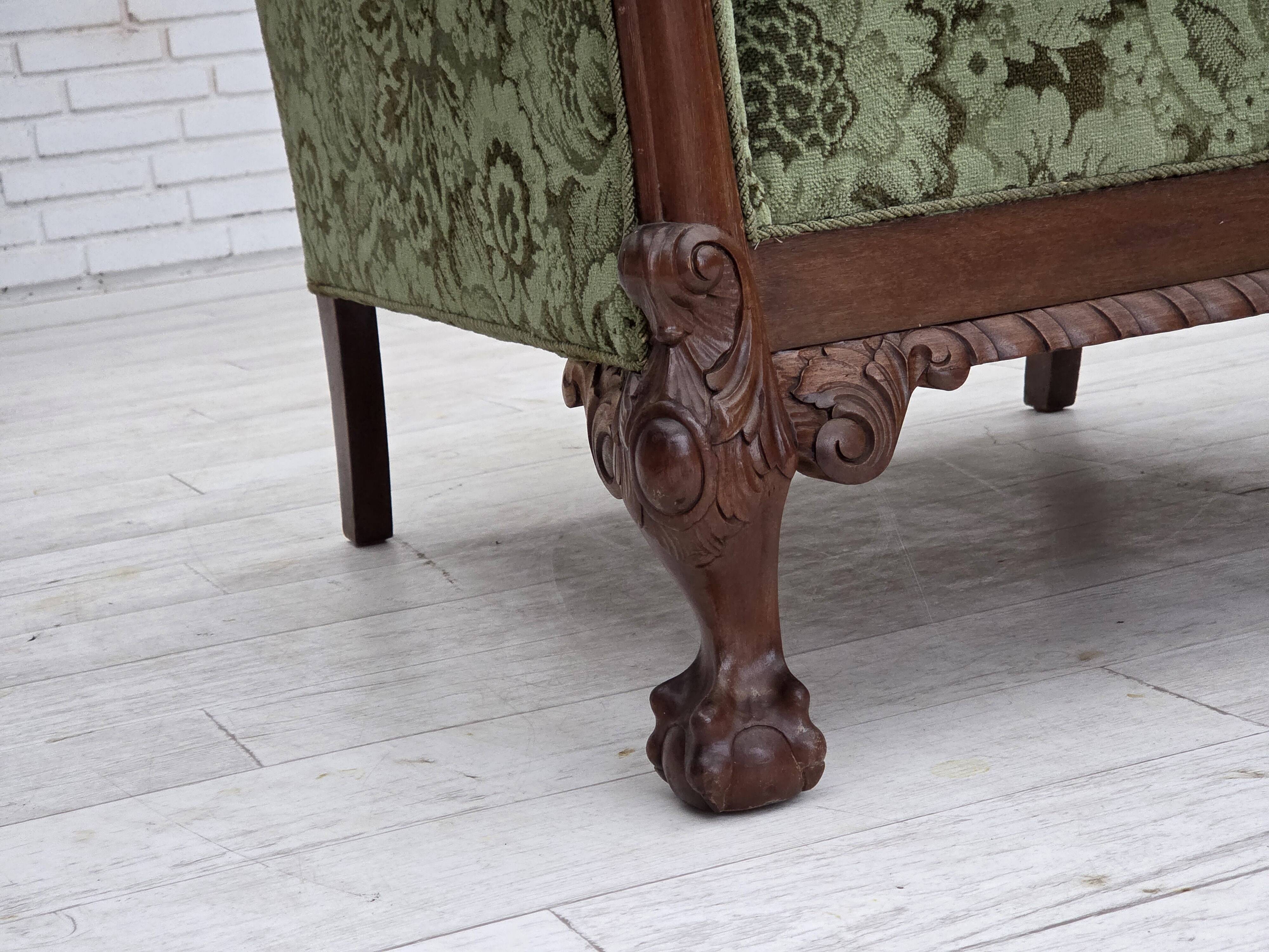 1950s, Danish relax armchair, green furniture velour, carved oak wood.