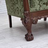 1950s, Danish relax armchair, green furniture velour, carved oak wood.