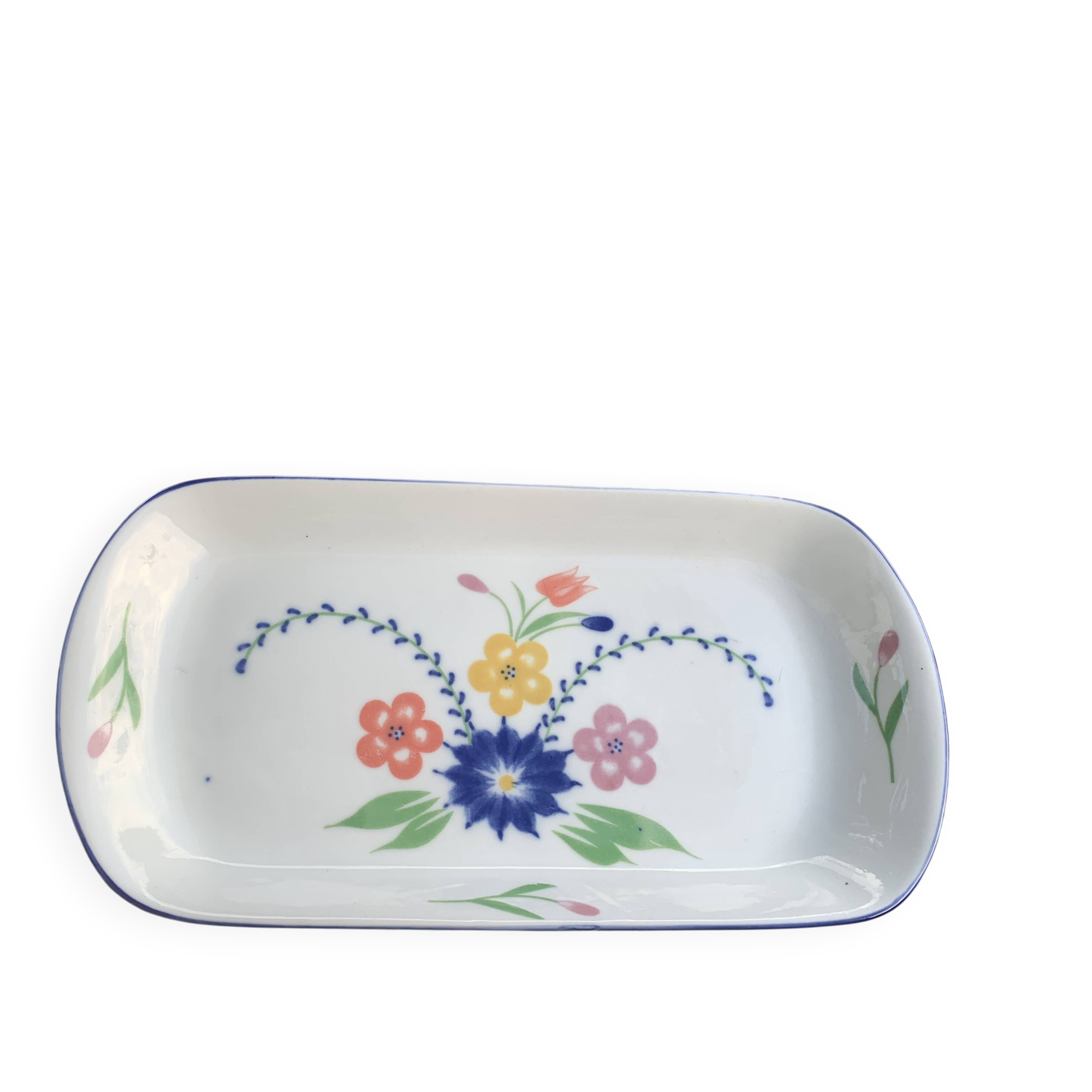 Rectangular cake dish in glazed ceramic, vintage floral pattern