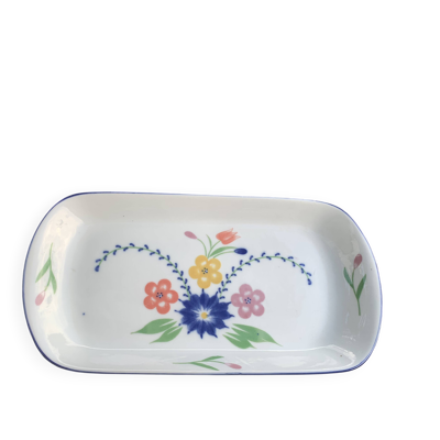 Plat a cake rectangulaire en ceramique emaillée, motif floral vintage