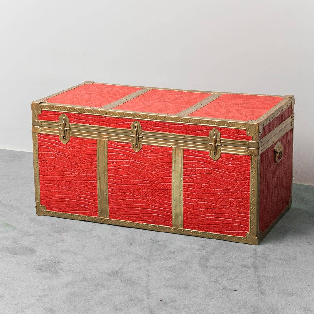 Vintage metal chest with red leather covering, 1950s