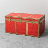 Vintage metal chest with red leather covering, 1950s