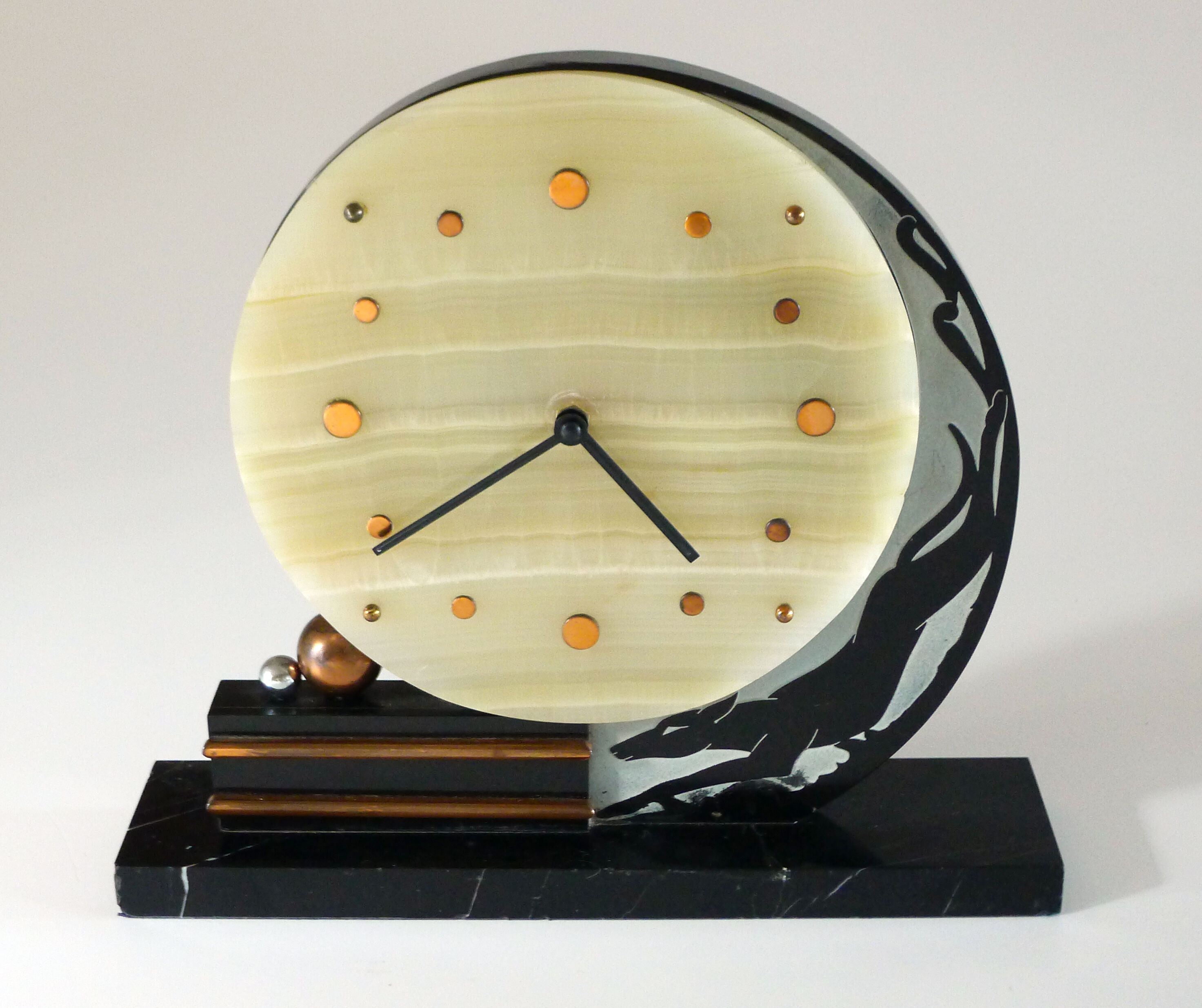 Art deco clock greyhound, marble and copper
