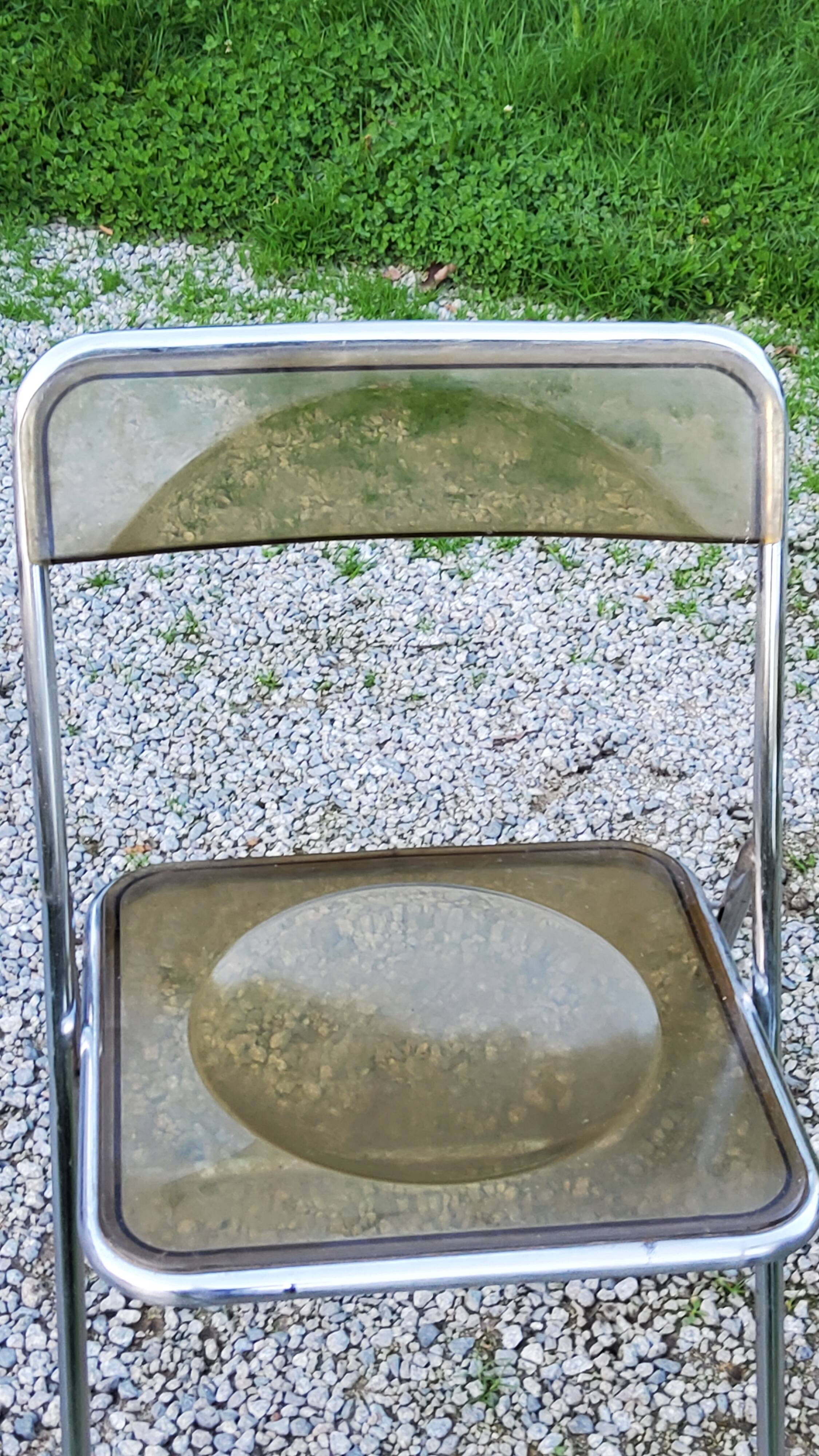 Set of 4 70s design folding chairs in smoked plexiglass and chrome metal