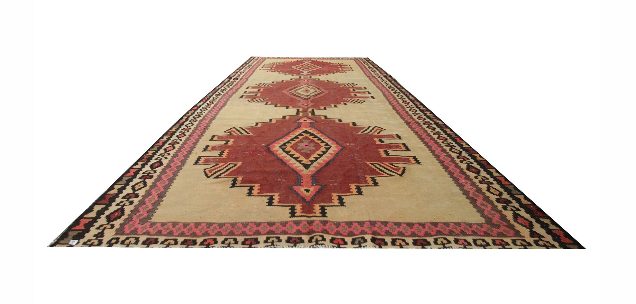 Vintage Kilim Rug 1980s Beige Terracotta Wool Flatweave 290 x 175 cm