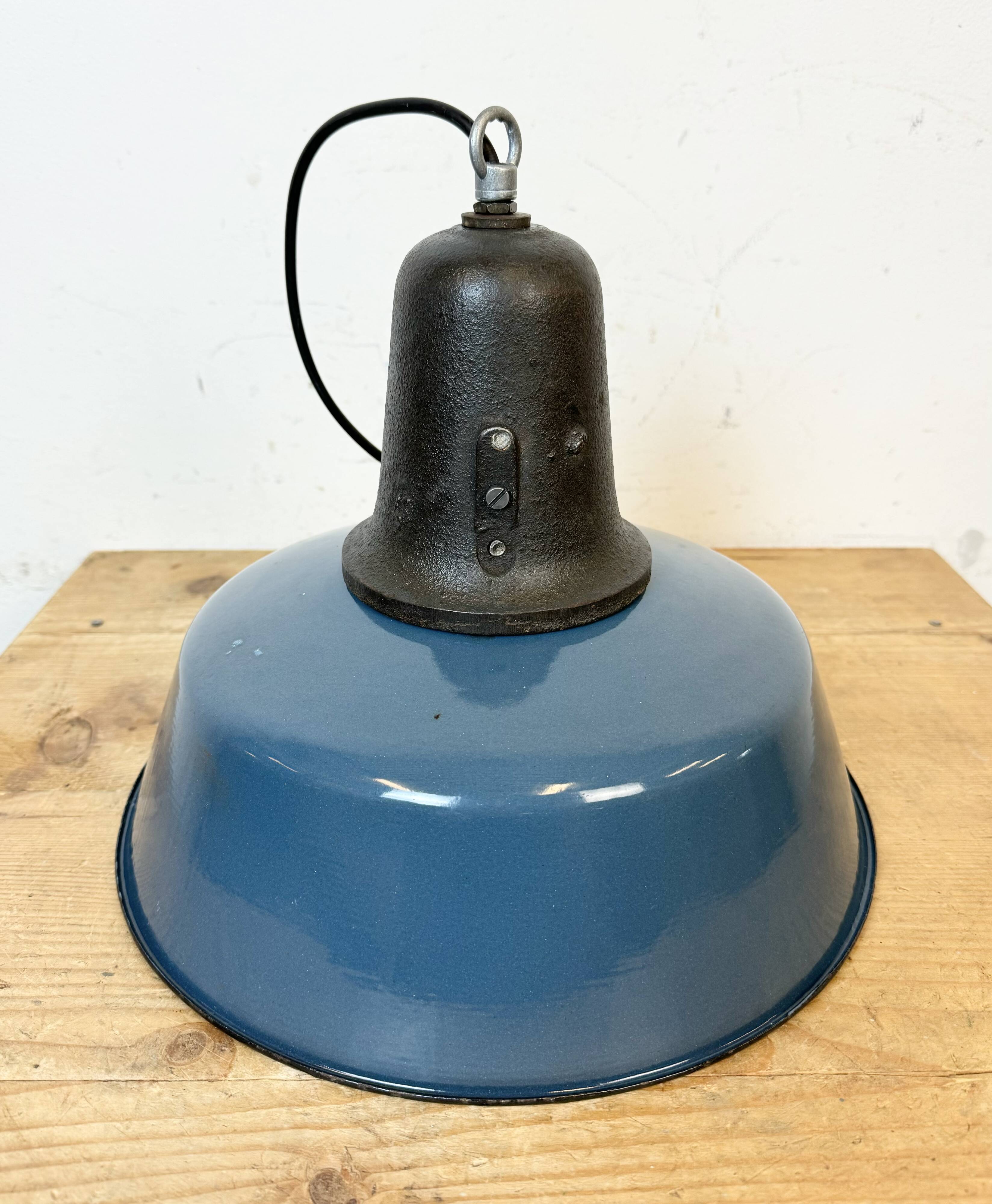 Industrial Blue Enamel Factory Lamp with Cast Iron Top, 1960s