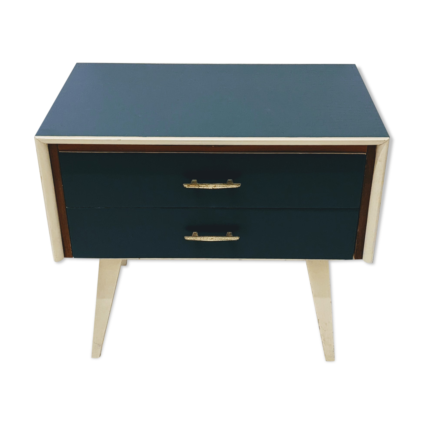 Vintage wooden bedside table / compass legs