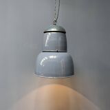 Grande lampe à suspension industrielle ancienne en émail bleu-gris