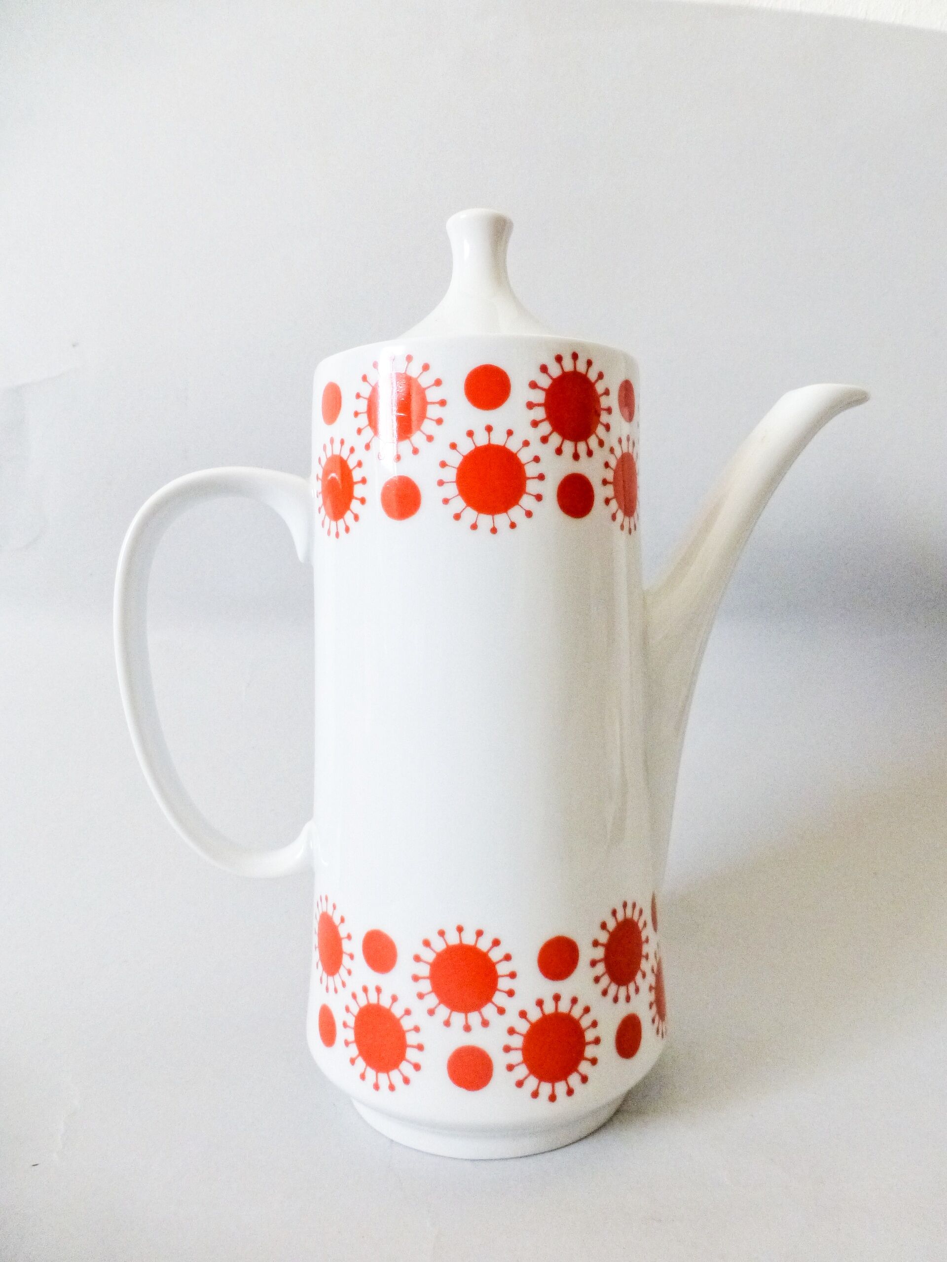 Vintage  Porcelain Coffee Pot: 1970s Red Sunny Pattern
