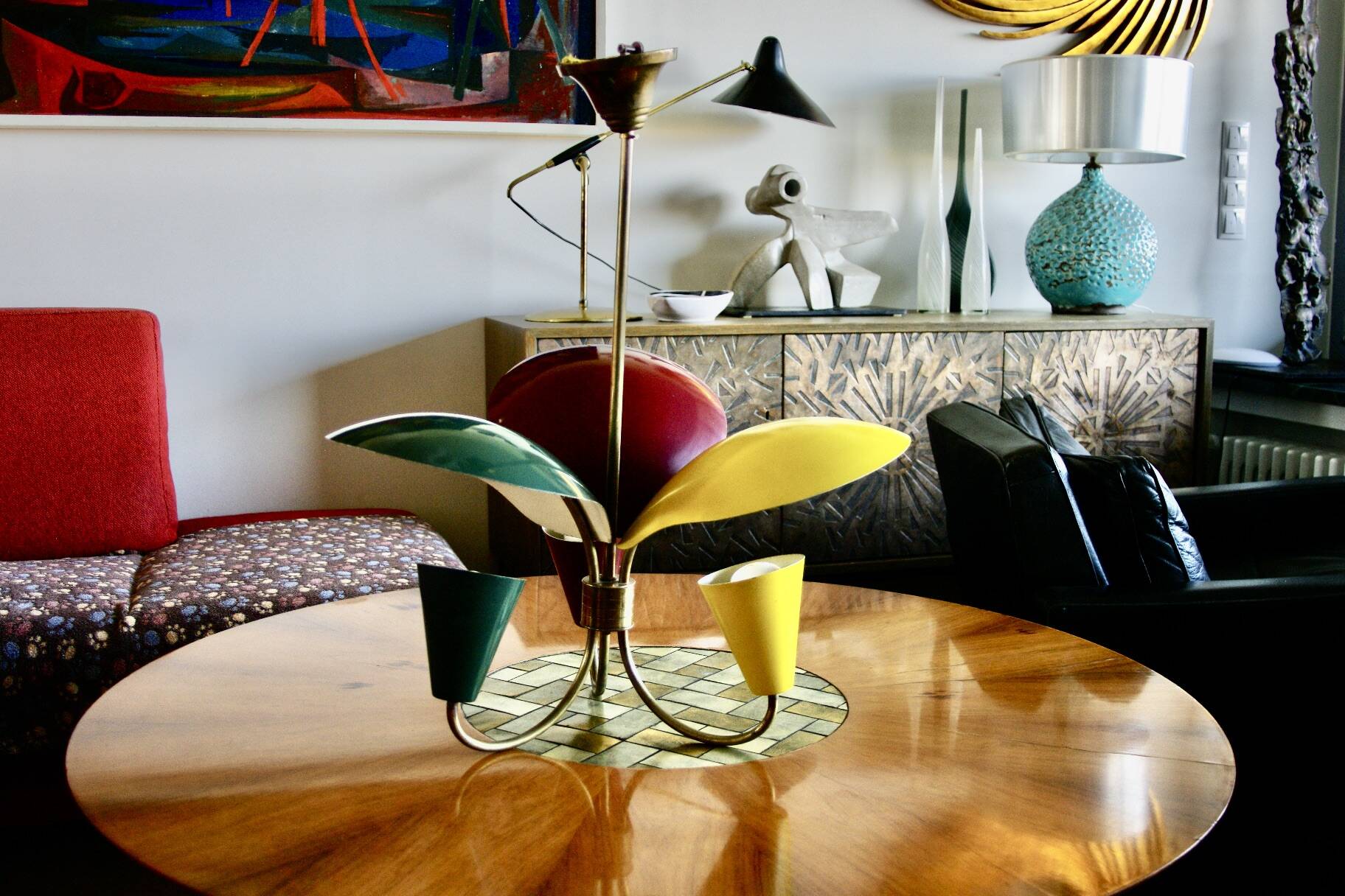Vintage tri-color chandelier in lacquered steel and brass