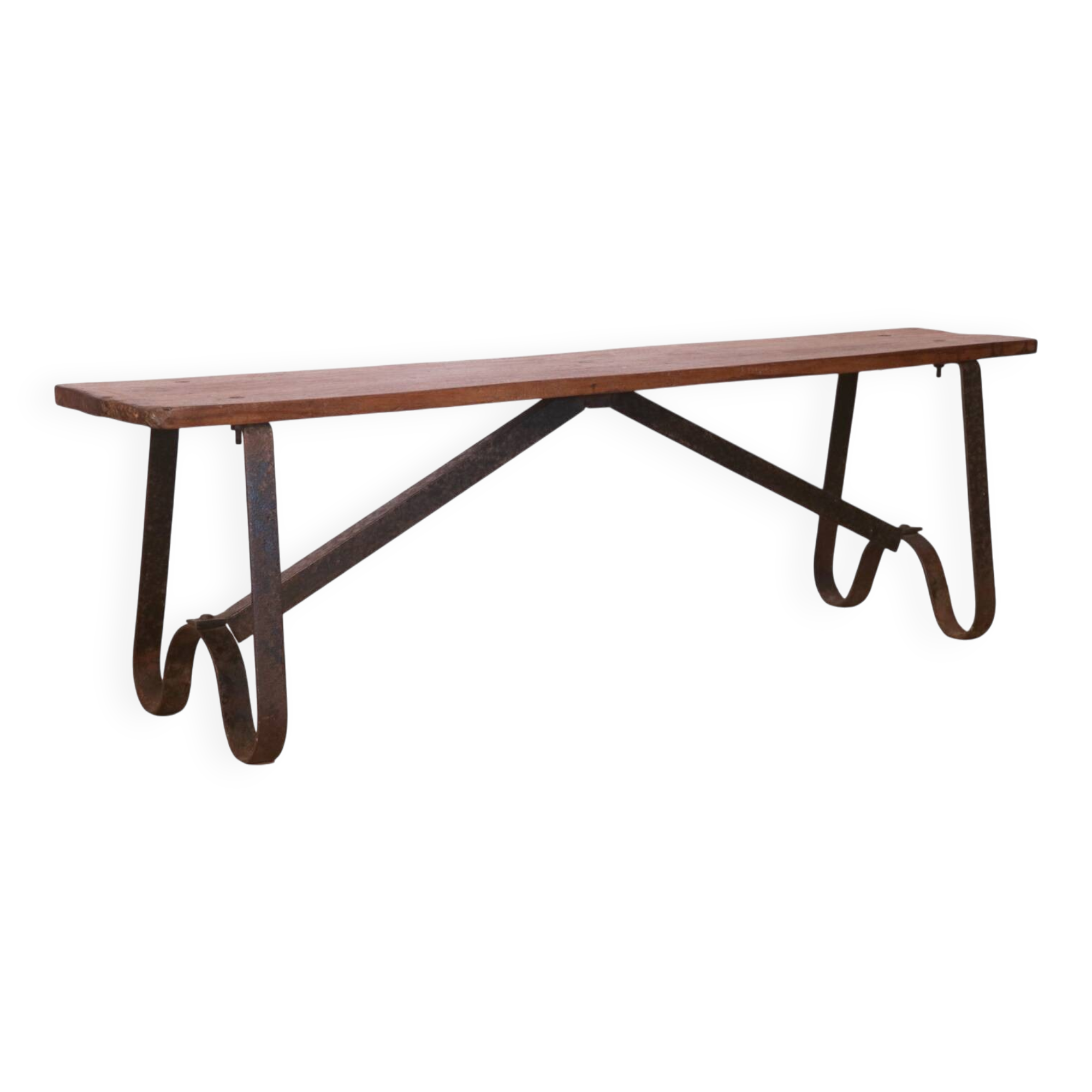 Old bench in Burmese teak with a wrought iron base.
