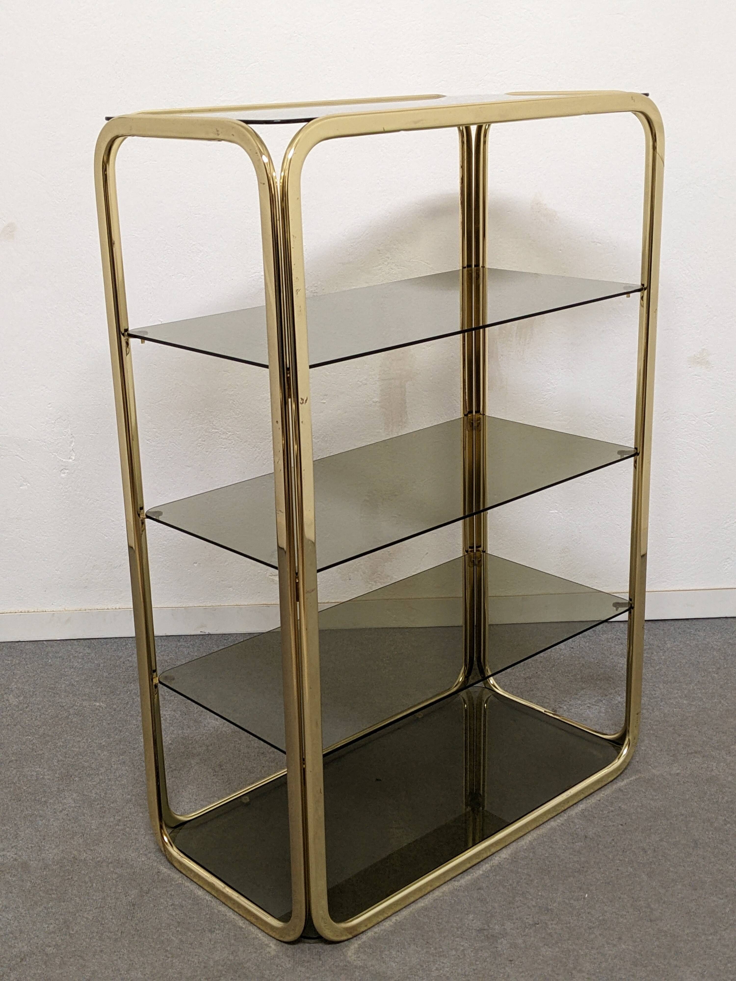 Hollywood Regency gilt metal and smoked glass shelf, Italy circa 1970