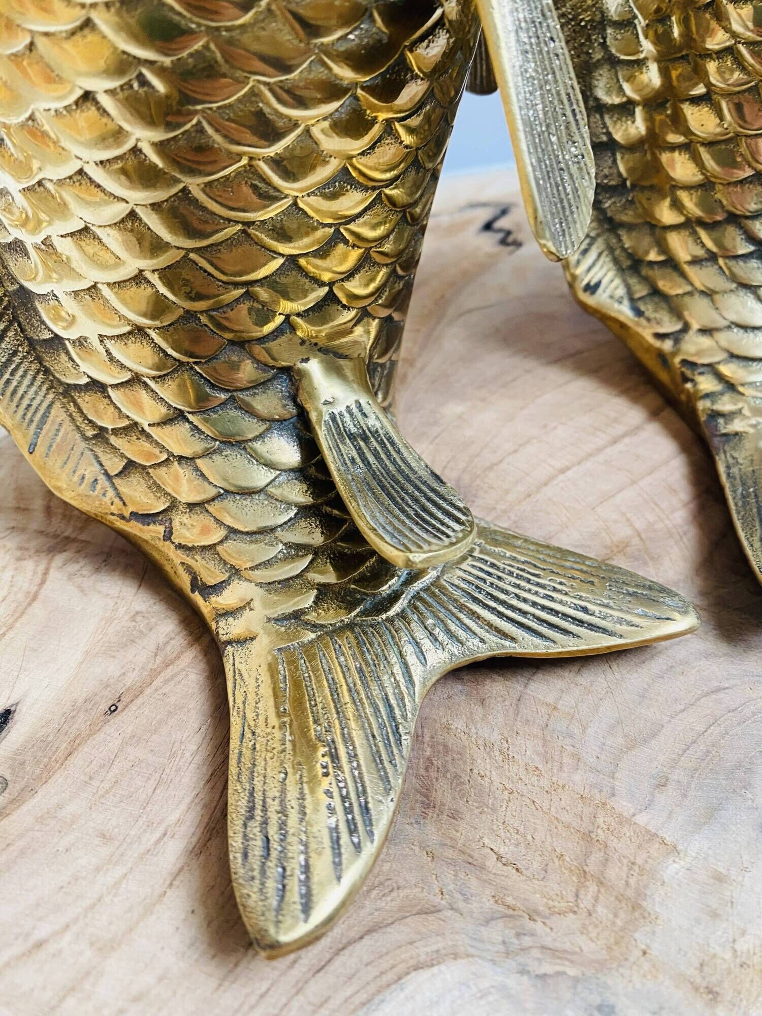 Pair of koi carp vases in brass, animal sculpture
